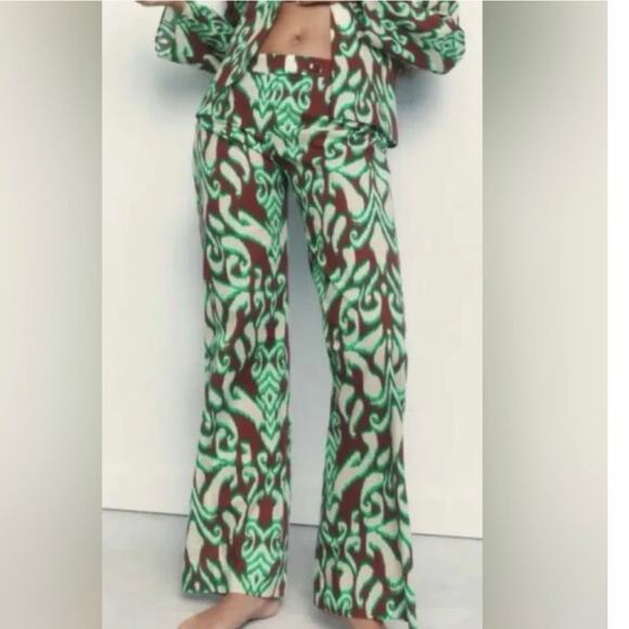 NWT Zara Printed Wide Leg Cotton Pants Sz XS Green & Brown 70s Boho - Picture 2 of 9
